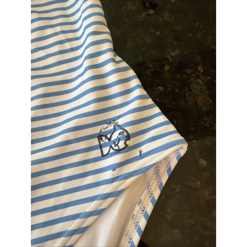 Prodoh Girls One Piece Swimsuit Sz 12 Blue‎ White Stripe Bathing Suit Beach Swim